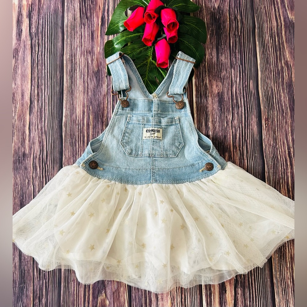 Oshkosh B'gosh Girls Infants Tulle Star Print Logo Denim Overall Dress Size 18M